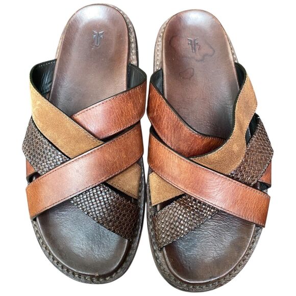 FRYE Andrew Strap Slide Sandals Men’s 10.5 Brown Leather & Suede EUC w/ Bag main image 15
